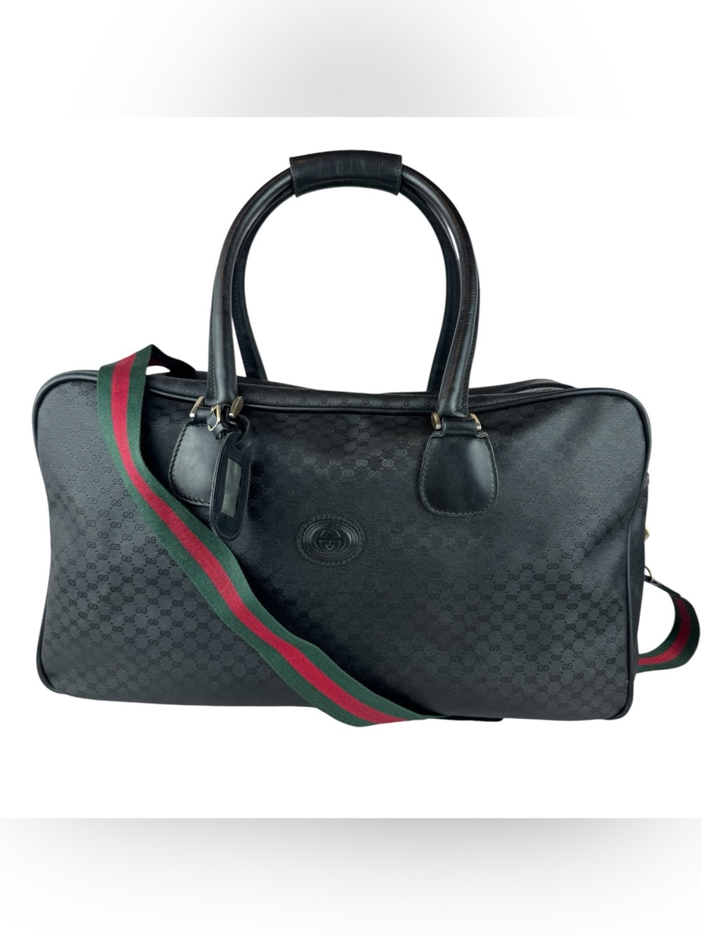 Gucci Black GG embossed Leather Duffel with Green-Red Web Strap